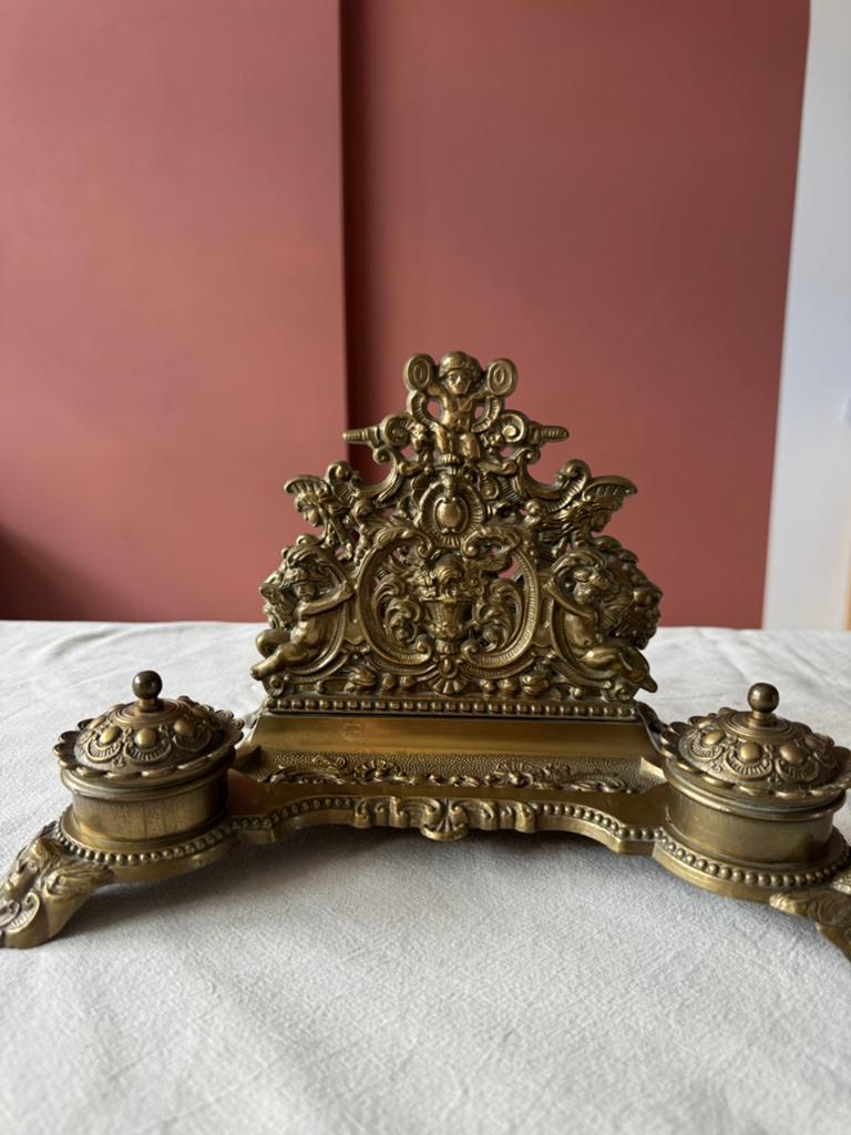 Vintage messing briefhouder sierlijk met inktpotten, Ophalen of Verzenden