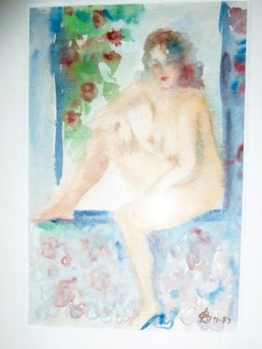 Naakt tussen bloemen op hout aquarel, Ophalen of Verzenden, Schilderij, Handgemaakt