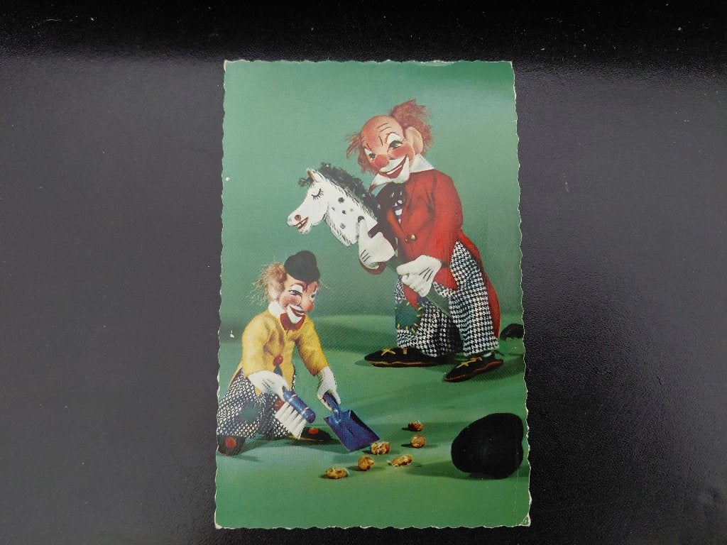 Clown poppen, ansichtkaart, gelopen, jaren '60., Verzenden, 1960 tot 1980, Gelopen