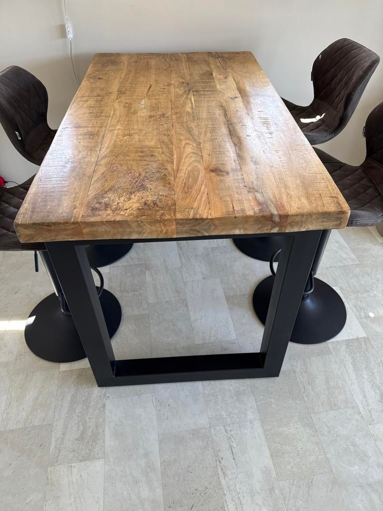 Eettafel 150x80 (hoogte 91) met 5 microleder barkrukken, Ophalen, 50 tot 100 cm, Zo goed als nieuw, Vijf personen of meer