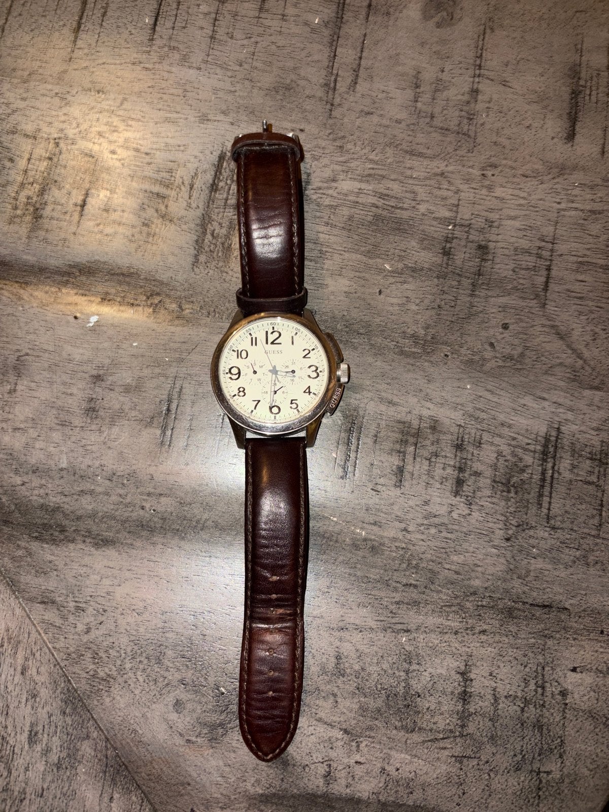 Guess Herenhorloge met Bruin Leren Bandje, Overige merken, Staal, Polshorloge, Ophalen of Verzenden