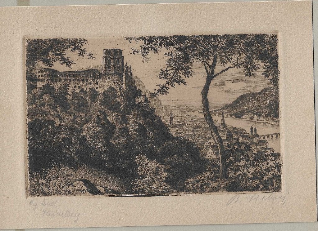 Liebig, B. - Heidelberg Ets  ca. 1900, Ets, Stadsgezicht, 9 cm, Ophalen of Verzenden