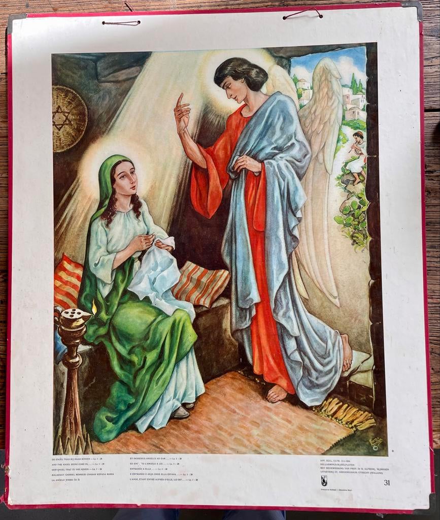 Oude Bijbelplaat Annunciatie 1954, Antiek en Kunst, Antiek | Religie, Ophalen of Verzenden