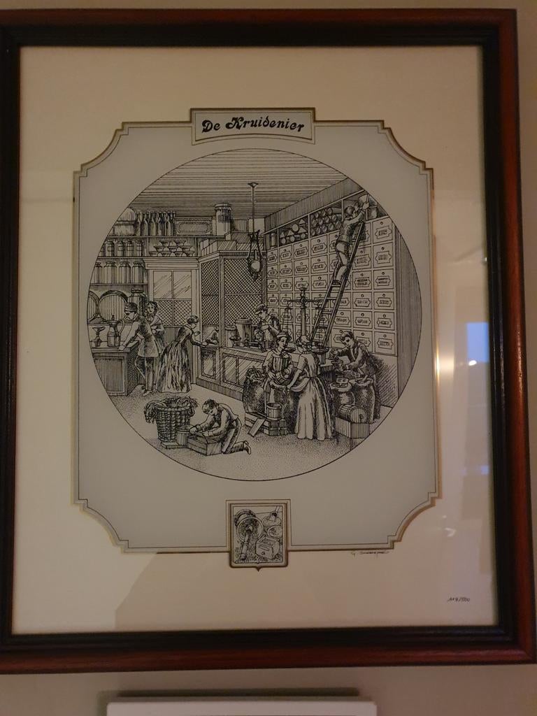 Schilderij "De Kruidenier" - 48x38 cm vergulde rand, Antiek en Kunst, Ophalen of Verzenden
