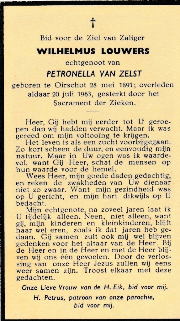 Louwers Wilhelmus 1891 Oirschot 1963, Ophalen of Verzenden, Bidprentje