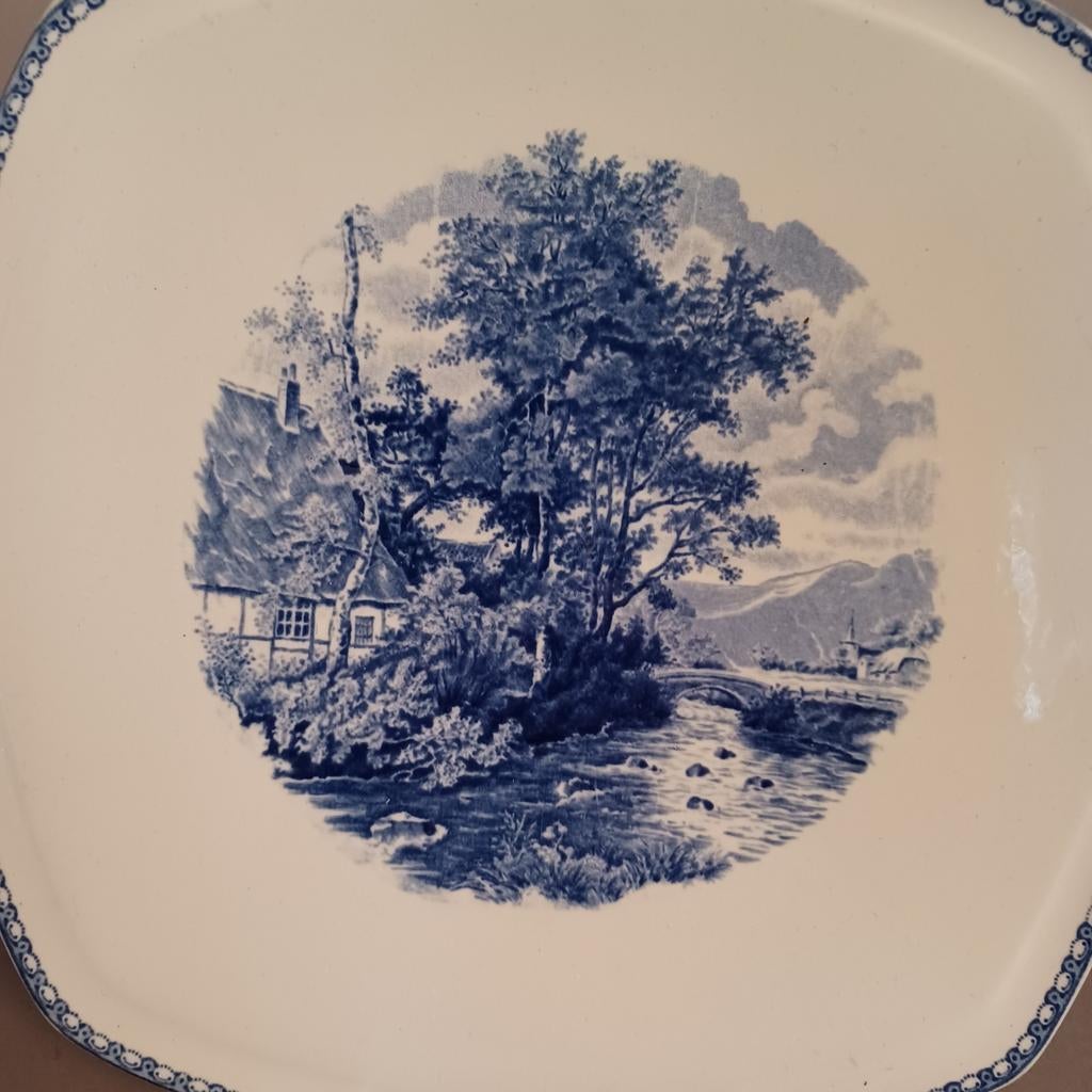 gebakschaal Societe Ceramique Landschap blauw en 2 bordjes, Ophalen of Verzenden