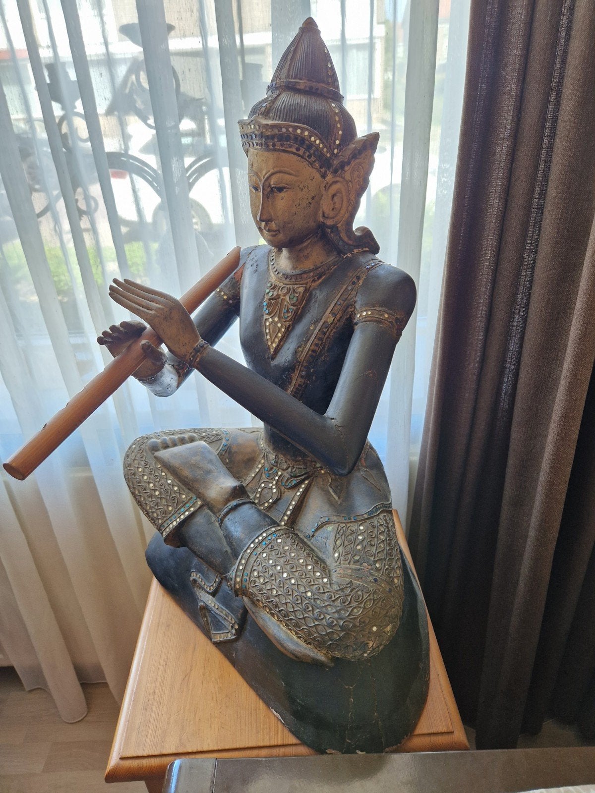 Houten Boeddha Beeld met Fluit - Handgesneden Decoratie, Antiek en Kunst, Ophalen