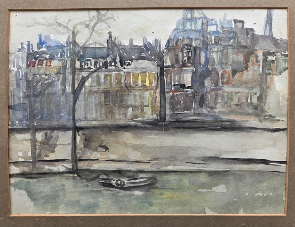 Aquarel. Stadsgezicht. Gracht., Antiek en Kunst, Ophalen of Verzenden