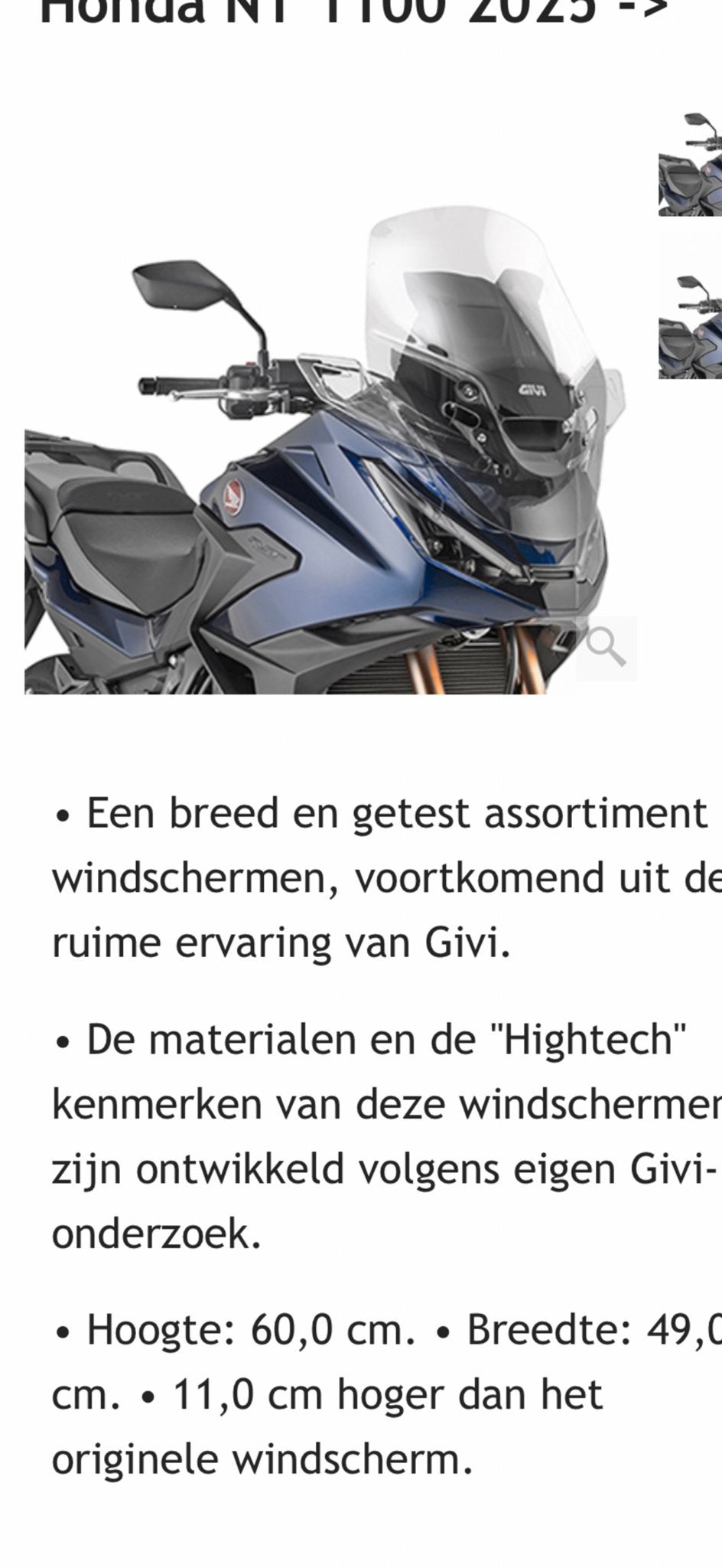 Windscherm Honda NT1100 (vanaf 2025) Givi - Zeer nette staat, Ophalen of Verzenden, Gebruikt