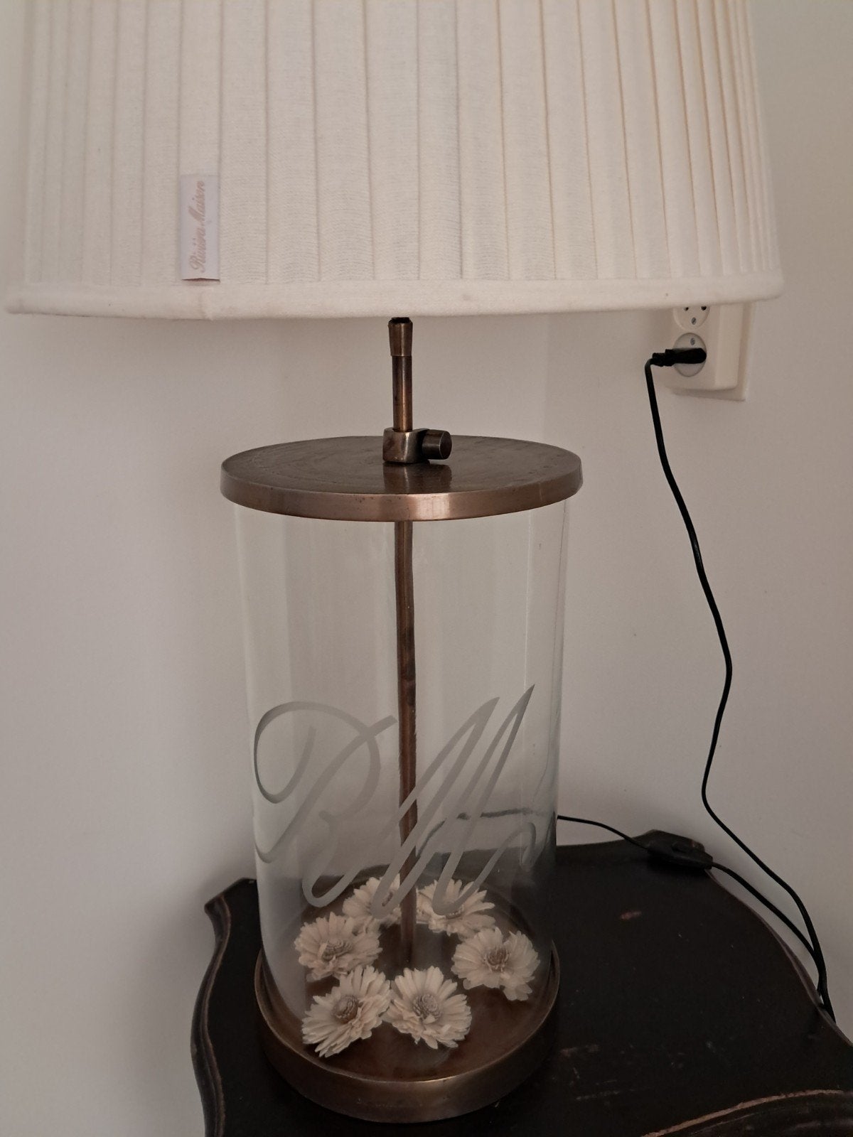 Riviera Maison Tafellamp met Glazen Voet en Stoffen Kap, Ophalen, Glas, Wit, E27 (groot)