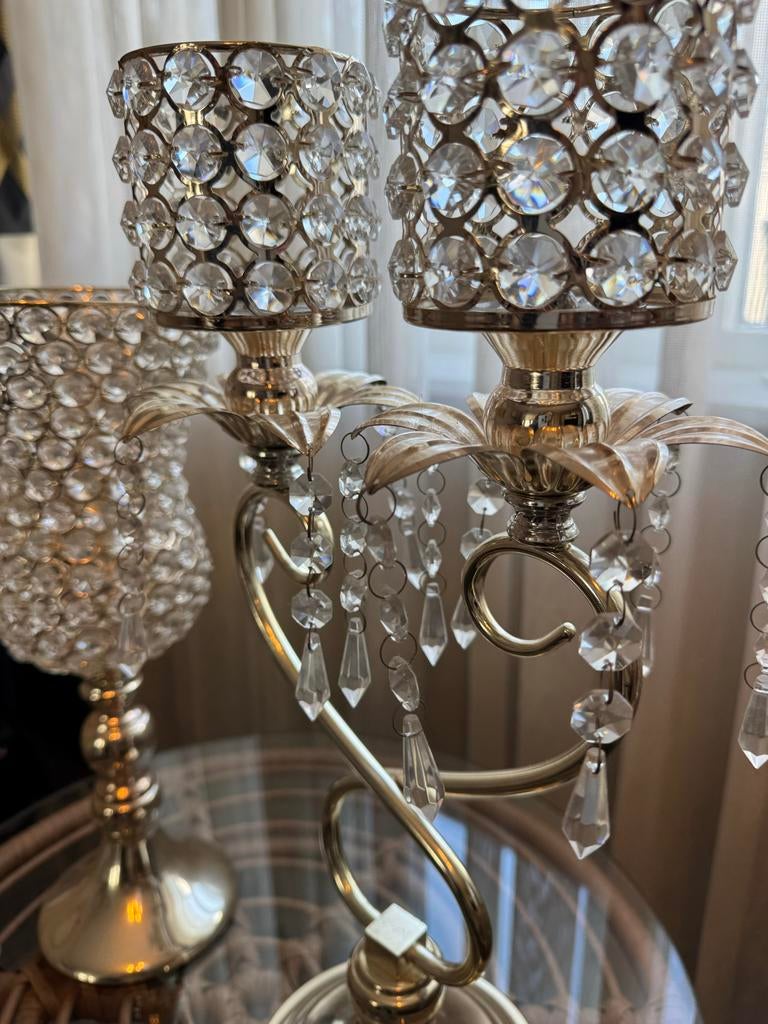 Luxe Kandelaar met Kristallen - Goudkleurig, Huis en Inrichting, Woonaccessoires | Kandelaars en Kaarsen, Ophalen of Verzenden