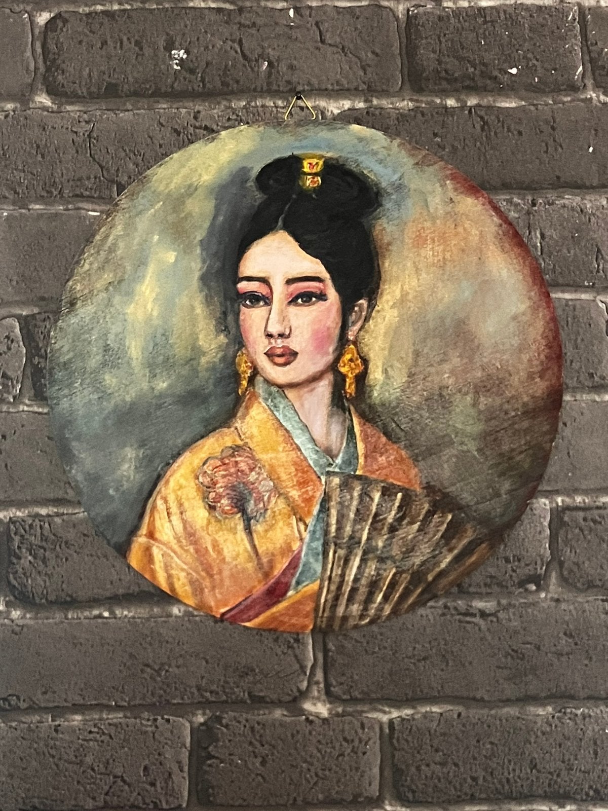 Handgemaakt rond schilderij  geisha, Antiek en Kunst, Ophalen of Verzenden