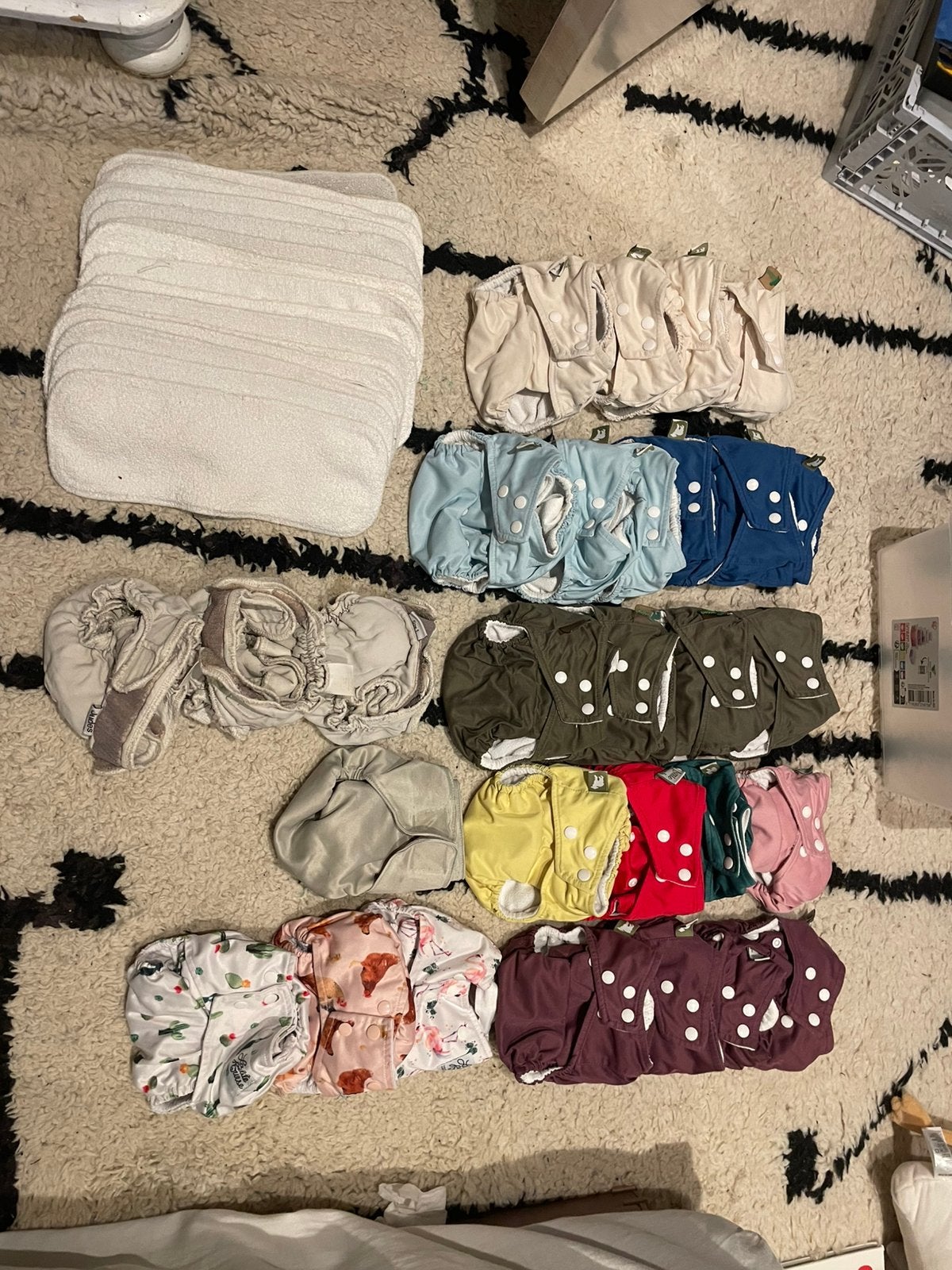 Complete set wasbare luiers: 29 luiers + 16 inleggers, Ophalen of Verzenden, Gebruikt, One size
