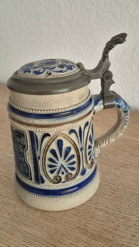 Duitse stenen bierpul met een tinnen deksel, Antiek en Kunst, Ophalen
