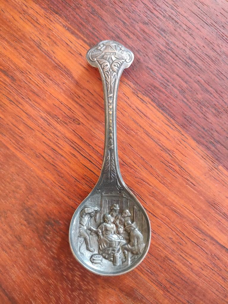 Van Nelle verzilverd theeschepje Oud Hollands tafereel, Antiek en Kunst, Antiek | Goud en Zilver, Ophalen