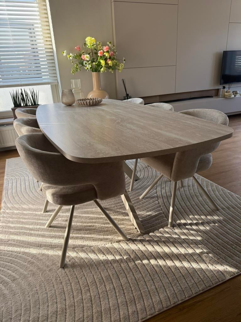 Nieuwe Deens ovale  eettafel met melamine marmeren blad., 50 tot 100 cm, Vijf personen of meer, Rechthoekig, Ophalen