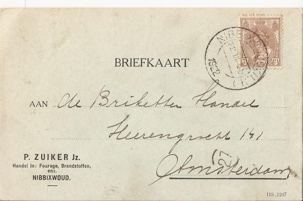NIBBIXWOUD 1922 P. ZUIKER Jz Handel in Fourage Brandstoffen, Verzamelen, Ophalen of Verzenden, 1920 tot 1940, Gelopen, Noord-Holland