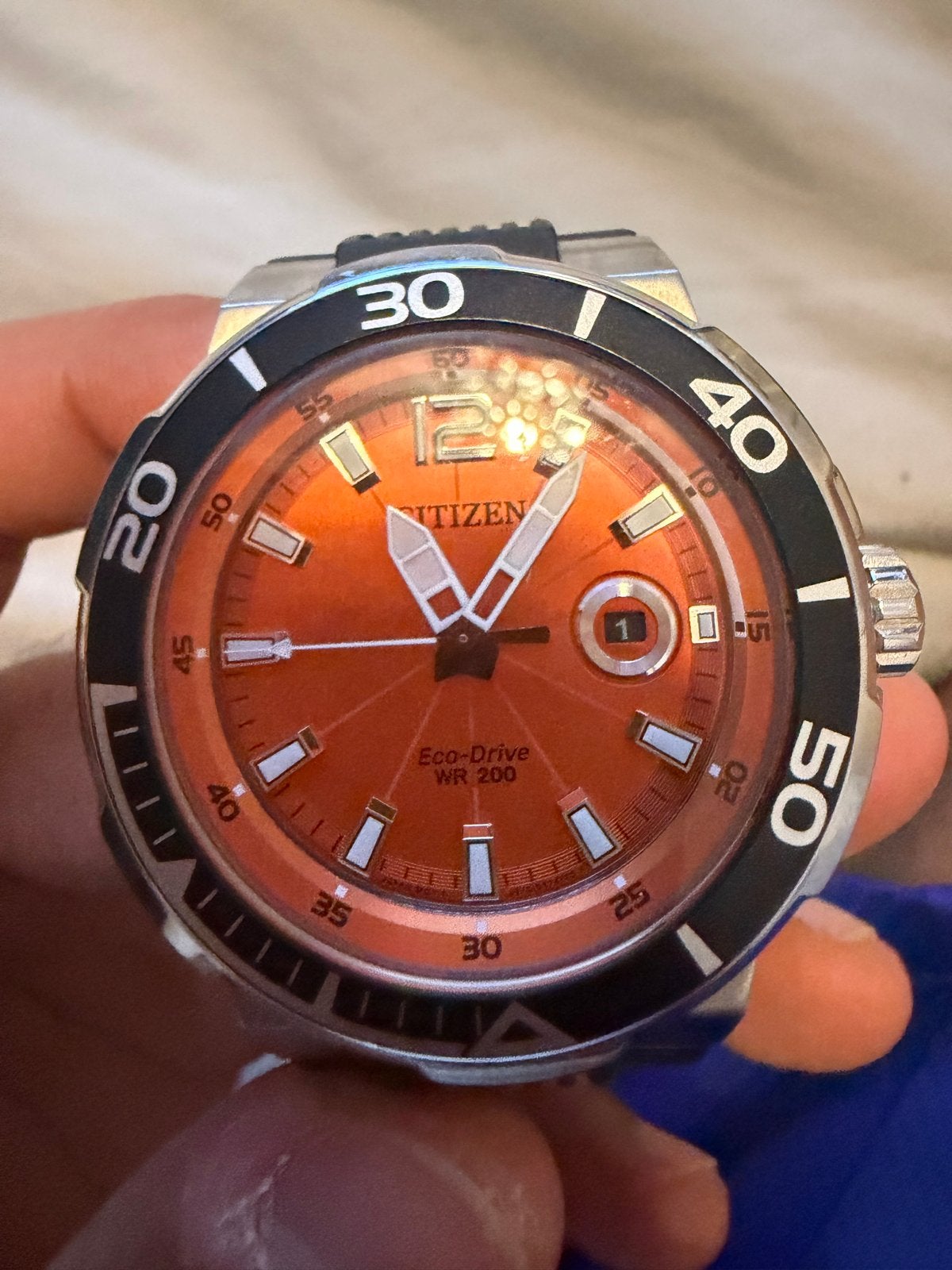 Citizen Eco-Drive WR 200 Herenhorloge - Oranje Wijzerplaat, Gebruikt, Staal, Overige materialen, Ophalen of Verzenden