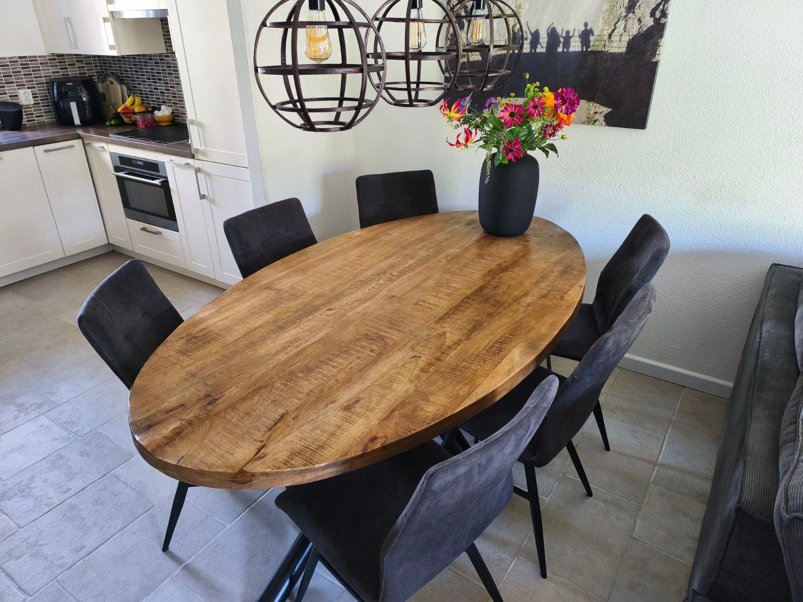 Ovale eettafel met 6 stoelen, Overige houtsoorten, Gebruikt, 100 tot 150 cm, Industrieel, Modern