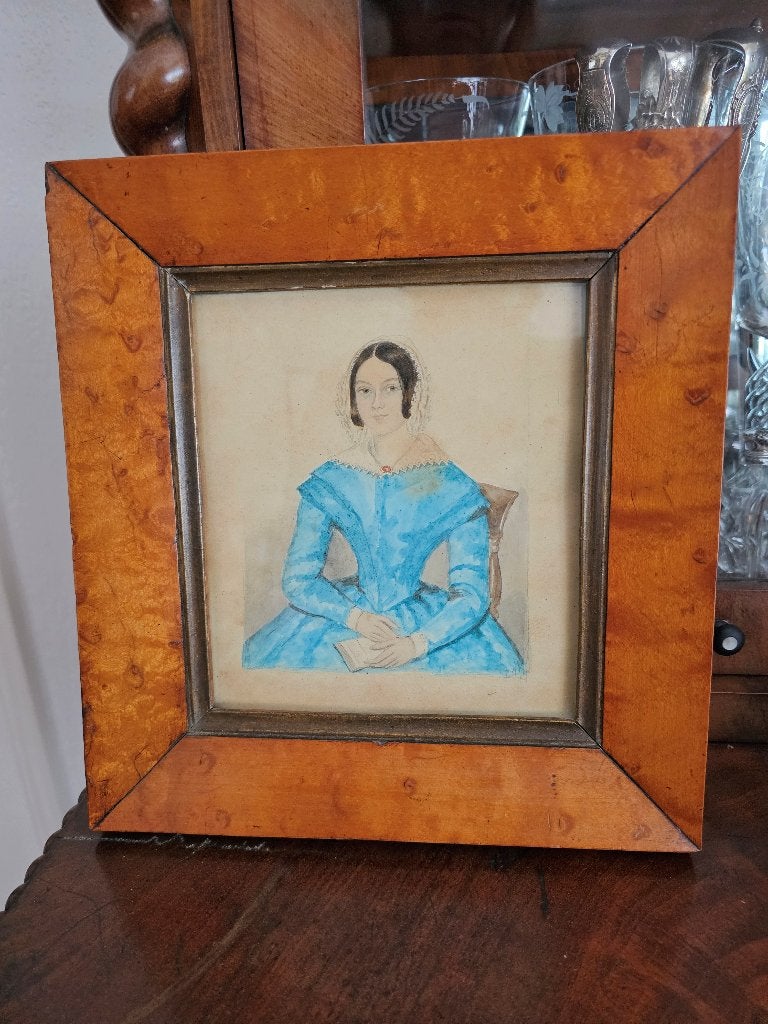 Biedermeier schilderij portret / gouache wortelnoten lijst, Ophalen of Verzenden