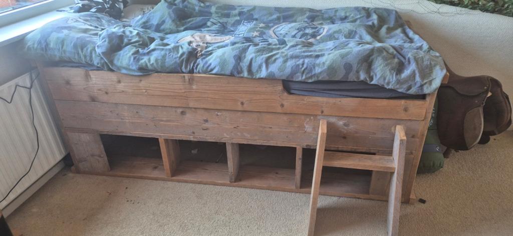 Steigerhouten bed 1 persoons, Ophalen of Verzenden, Eenpersoons, 90 cm, Hoogslaper