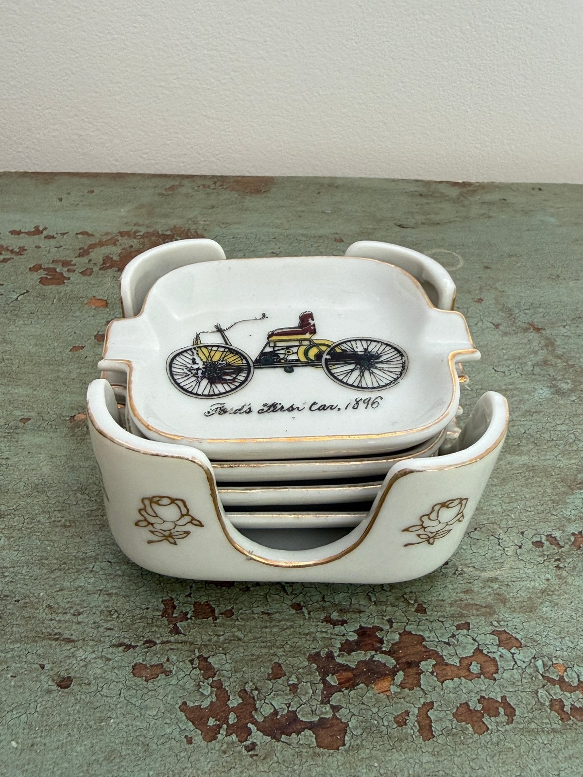 Prachtige Vintage Porseleinen Asbakset - Oldtimers (5-delig), Ophalen of Verzenden
