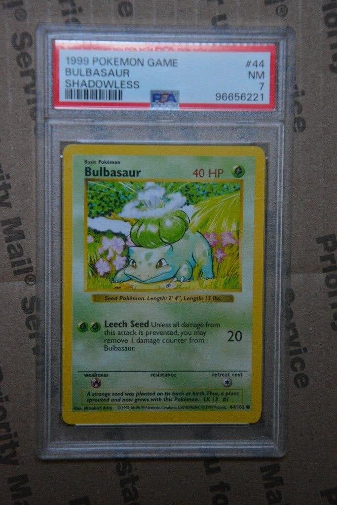 Bulbasaur Base Set Shadowless PSA 7, Ophalen of Verzenden, Gebruikt, Losse kaart
