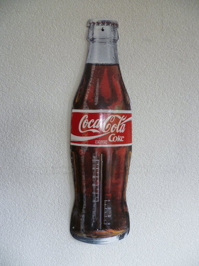 EMAILLE RECLAME THERMOMETER FLESJE"COCA COLA''JAREN 80/90, Ophalen of Verzenden, Zo goed als nieuw, Reclamebord