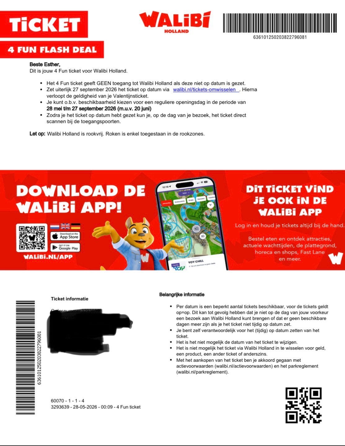 Toeganskaartje walibi, Eén persoon, Ticket of Toegangskaart