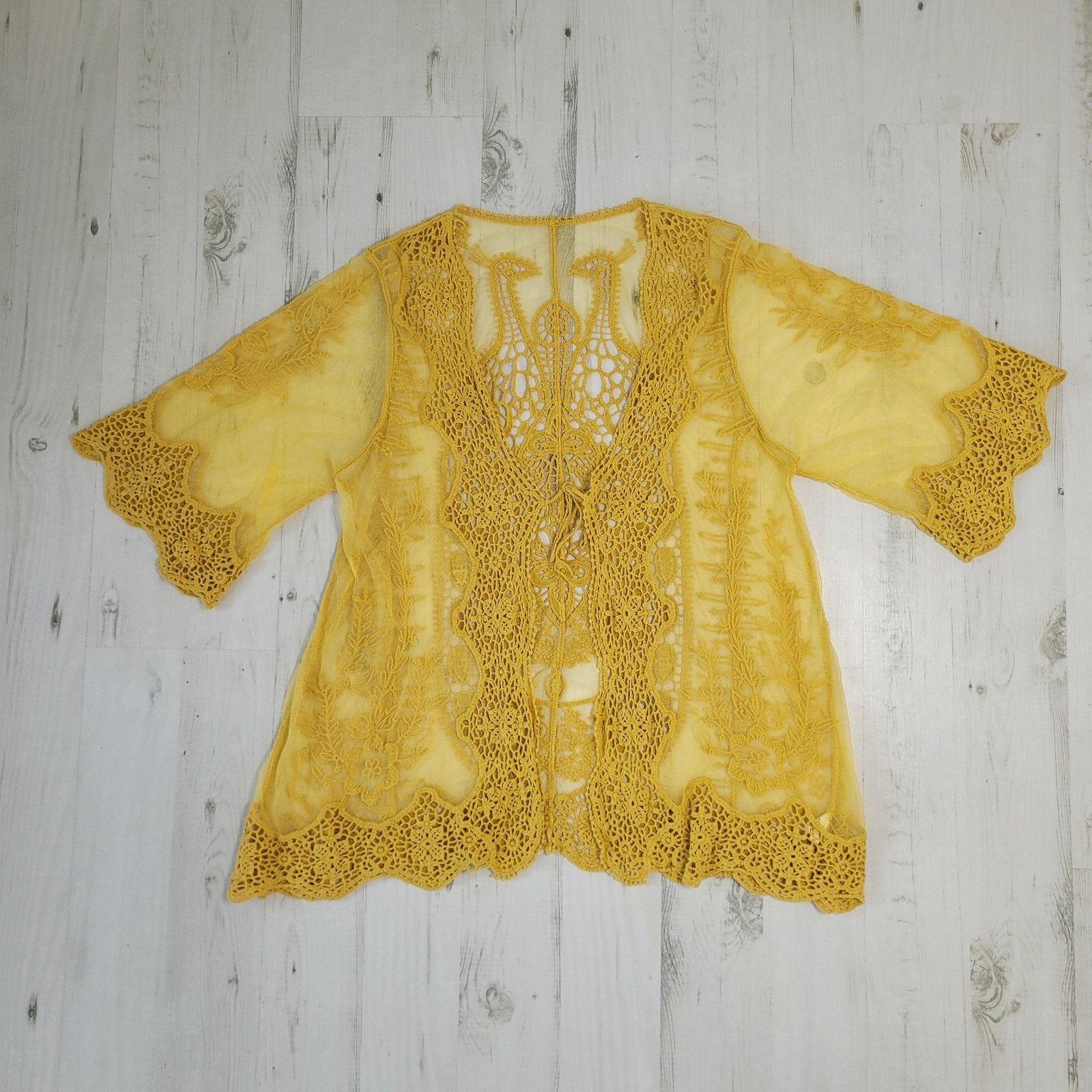 Boho gehaakte kanten kimono-cardigan L pauw mosteredgeel, Geel, Maat 42/44 (L), Ophalen of Verzenden, Zo goed als nieuw