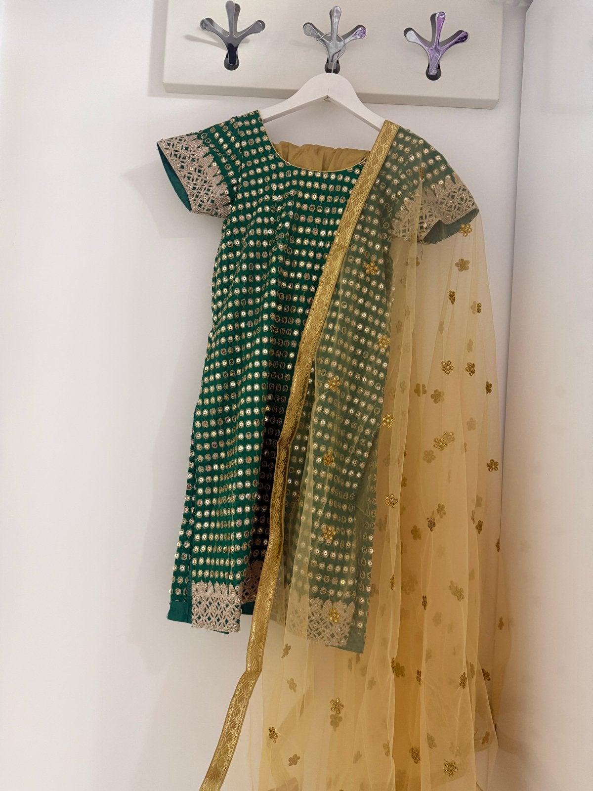 Prachtig Indiase pak met gouden details, Kleding | Dames, Zo goed als nieuw, Boven de knie, Groen, Ophalen