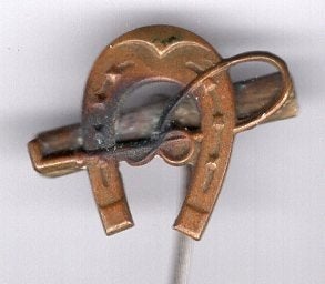 Hoefijzer en rijzweep koper speldje ( N_122a), Verzenden, Zo goed als nieuw, Transport, Speldje of Pin