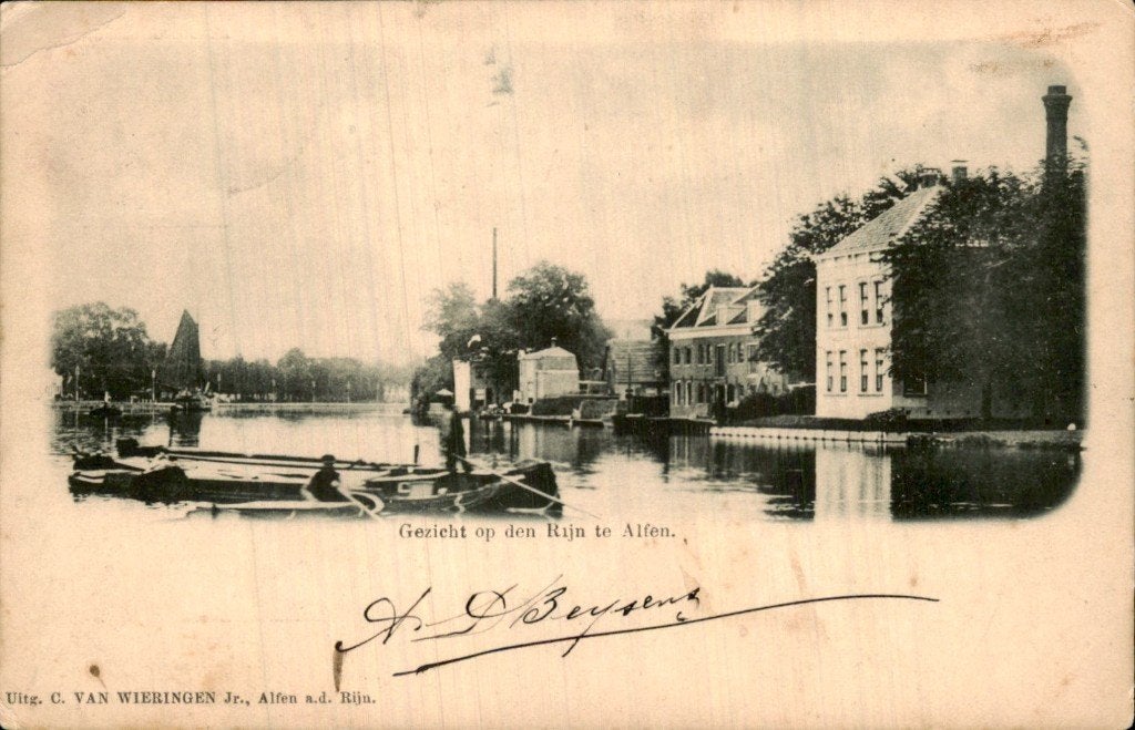 Alfen - Gezicht op den Rijn - Huizen aan oever, Ophalen of Verzenden, Voor 1920, Gelopen, Zuid-Holland