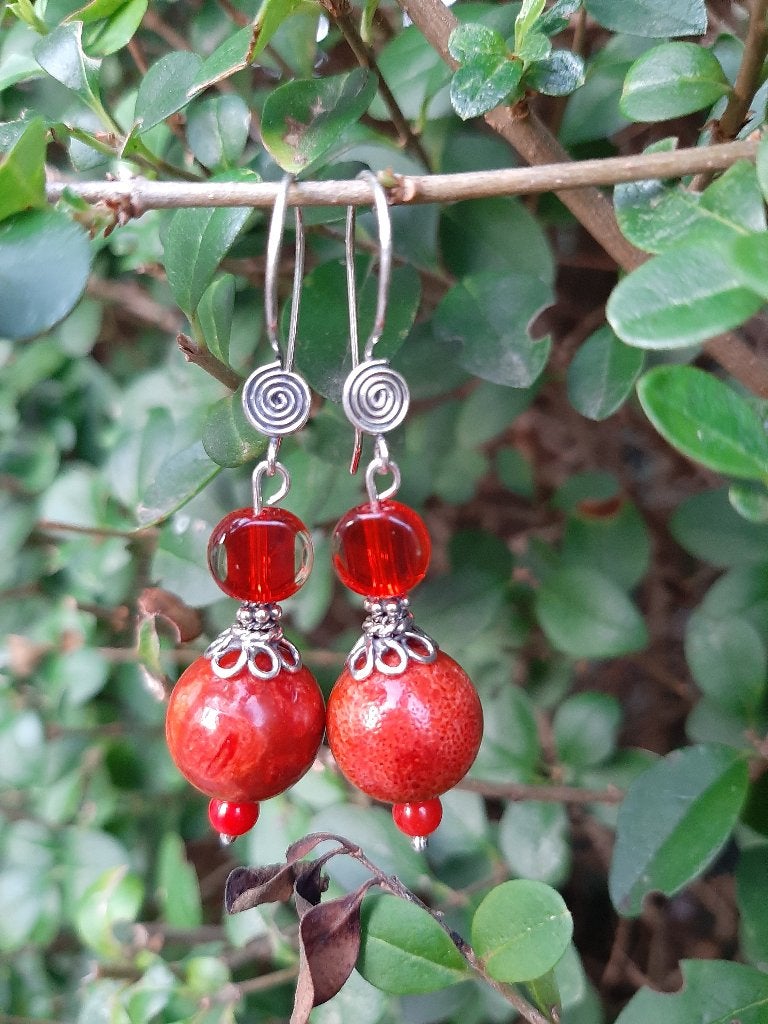 Oorbellen Rolinde sponskoraal-glas-koraal rood zilver, Ophalen, Nieuw
