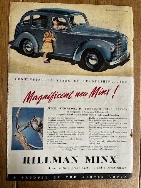 Hillman Minx originele advertentie 1947, Ophalen of Verzenden, Gelezen, Overige merken