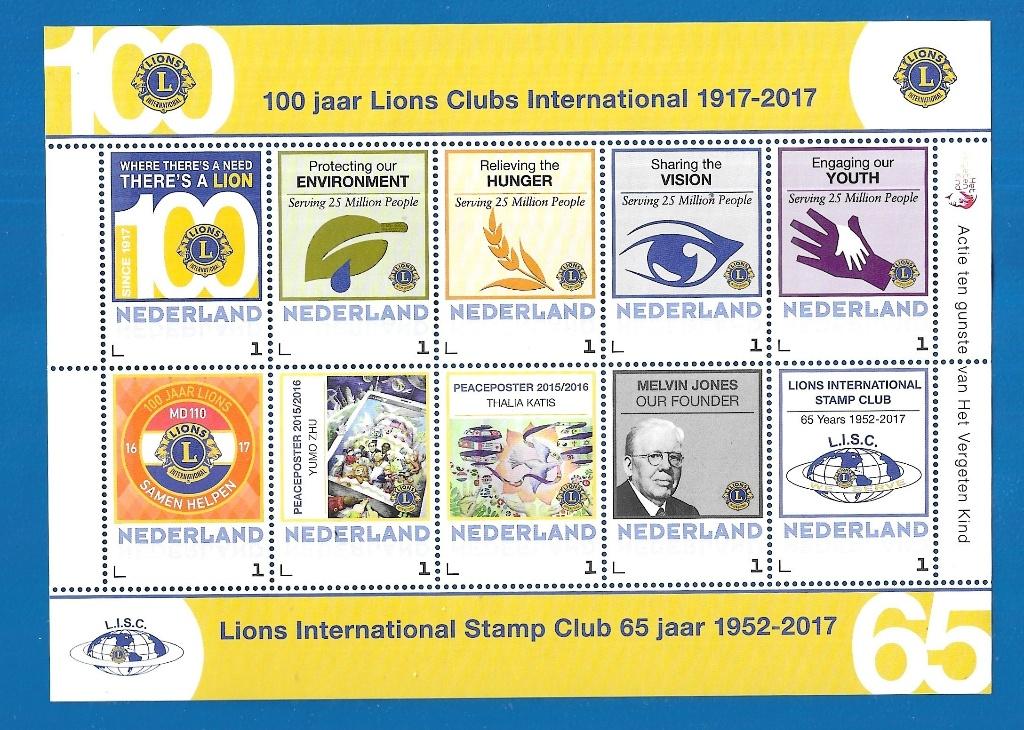 100 jaar Lions Clubs Internationaal 1917-2017 (postzegelvel), Postzegels en Munten, Postzegels | Nederland, Verzenden, Na 1940