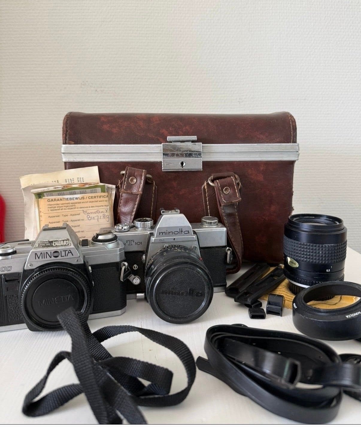 Minolta SRT101 en XG-M camera set met accessoires, Ophalen, Gebruikt, Spiegelreflex, Minolta