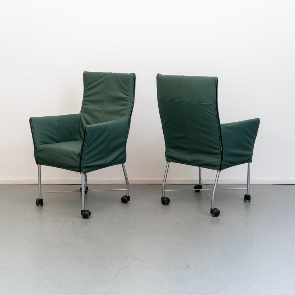 8 Montis Chaplin (eetkamer) stoelen groen leder - rvs wiel, Niet ingevuld, Niet ingevuld, Ophalen of Verzenden, Zo goed als nieuw