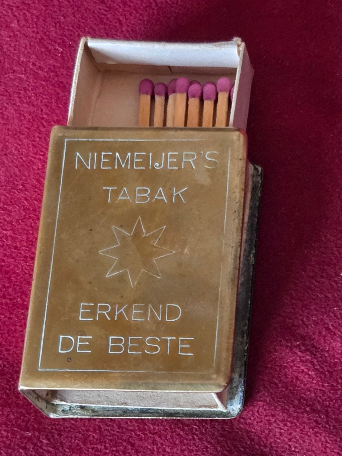 Antieke messing luciferdooshouder Niemeijer’s Tabak, Verzamelen, Ophalen of Verzenden, Gebruikt, Luciferdoosjes of -merken