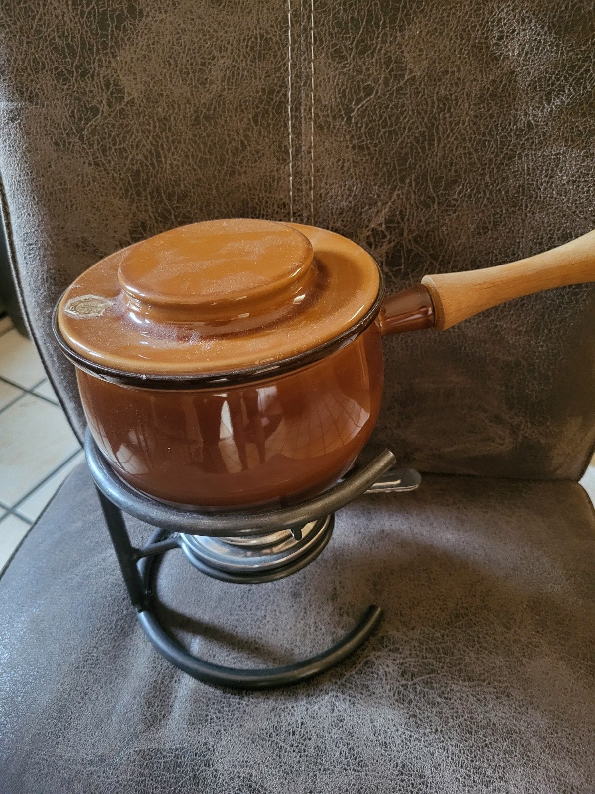 Vintage Fonduepan met Rechaud - Bruin Emaille, Ophalen of Verzenden, Metaal, Overige typen, Gebruikt