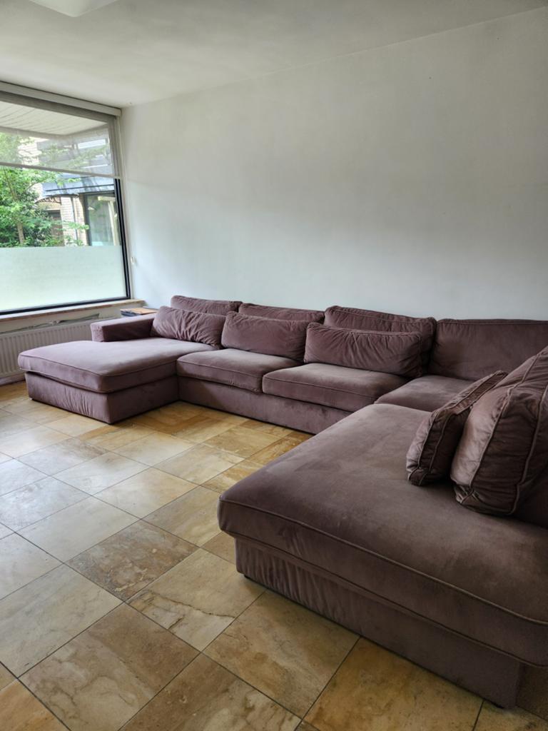 Grote velvet taupe hoekbank - hoezen wasbaar, Gebruikt, 100 tot 125 cm, Hoekbank, 300 cm of meer
