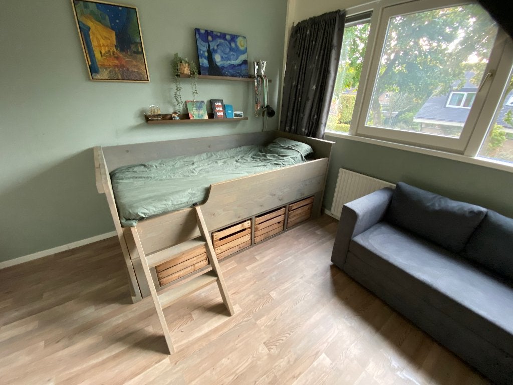 Bed van steigerhout, Huis en Inrichting, Ophalen, 90 cm, Eenpersoons, Bruin