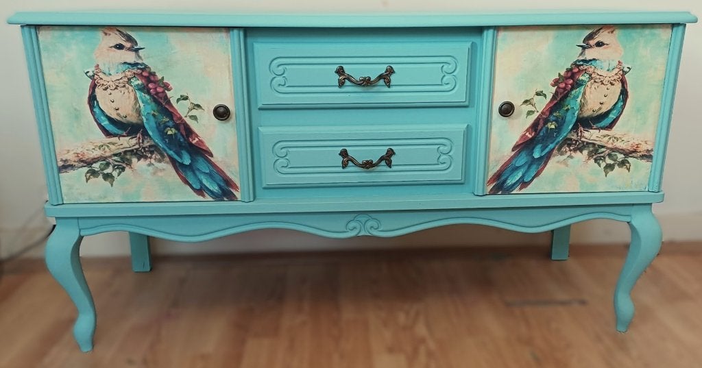 Een vintage blauw dressoir, houten TV kast, vogels, brocant, 150 tot 200 cm, Ophalen of Verzenden, Zo goed als nieuw, 25 tot 50 cm