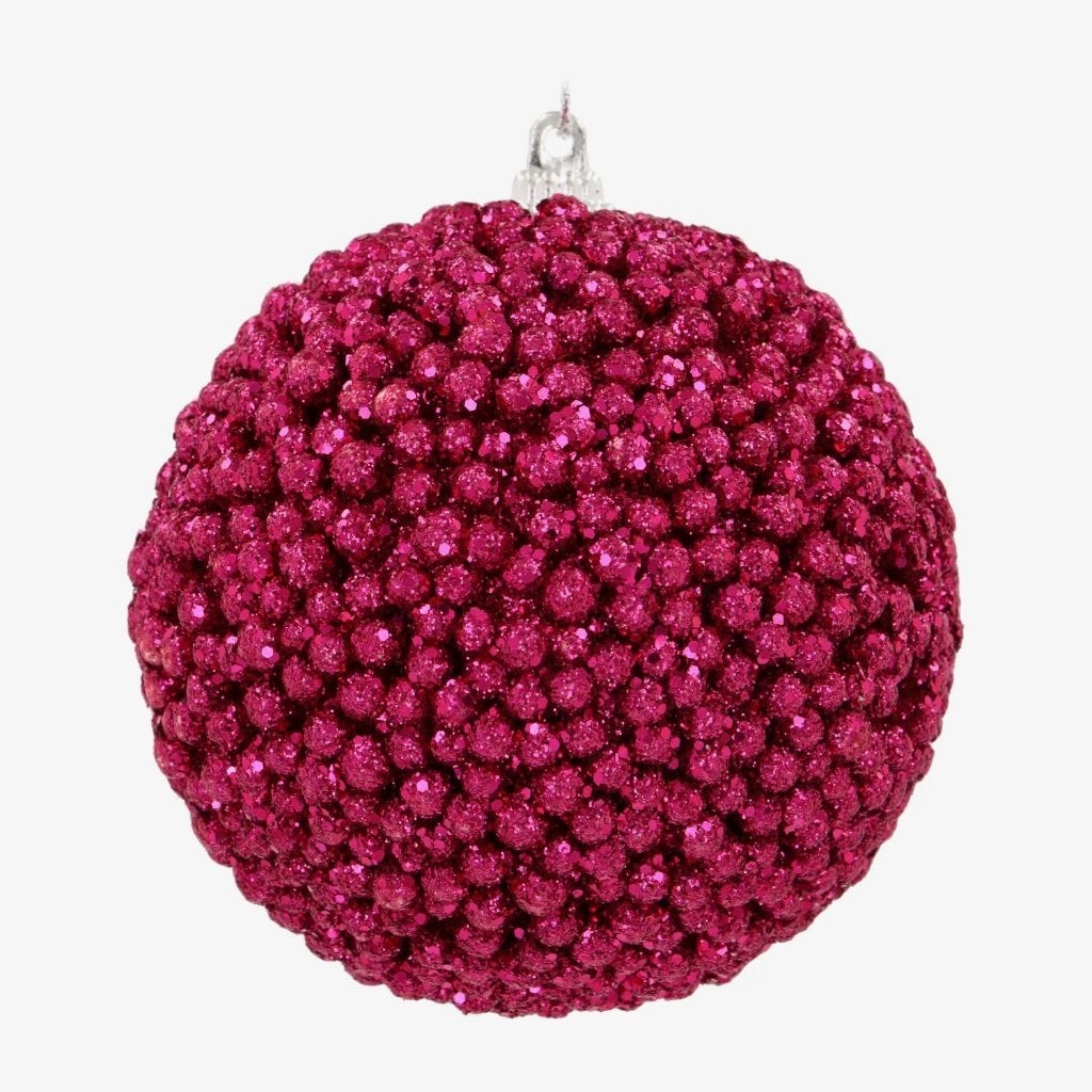 Kerstbal fuchsia felroze donkerroze glitterbolletjes 8 cm, Ophalen of Verzenden, Zo goed als nieuw