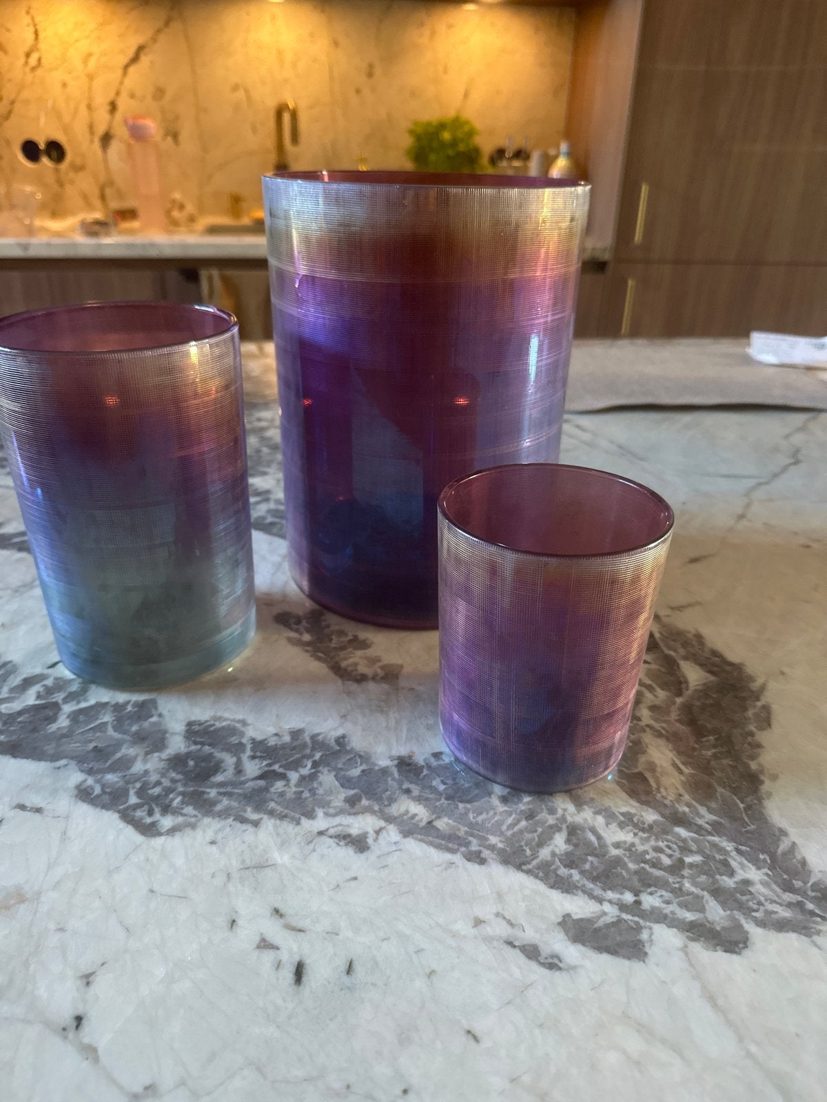 Set van 3 Paarse pols Potten Vazen - Zo goed als nieuw, Met patroon/structuur, Paars, Ophalen of Verzenden, Glas