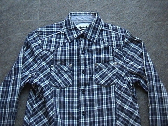 UNLOCKED donkerblauw / wit / paars geruit / geblokt hemd 164, Kinderen en Baby's, Gebruikt, Overhemd of Blouse, Ophalen of Verzenden