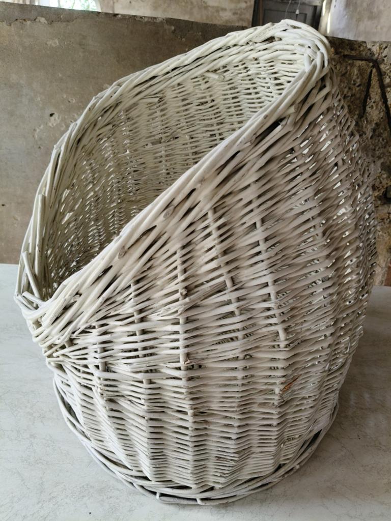 Brocante Vintage Rieten Opbergmand Wit Rond, Ophalen, Natuurlijk materiaal, Wit, Gebruikt