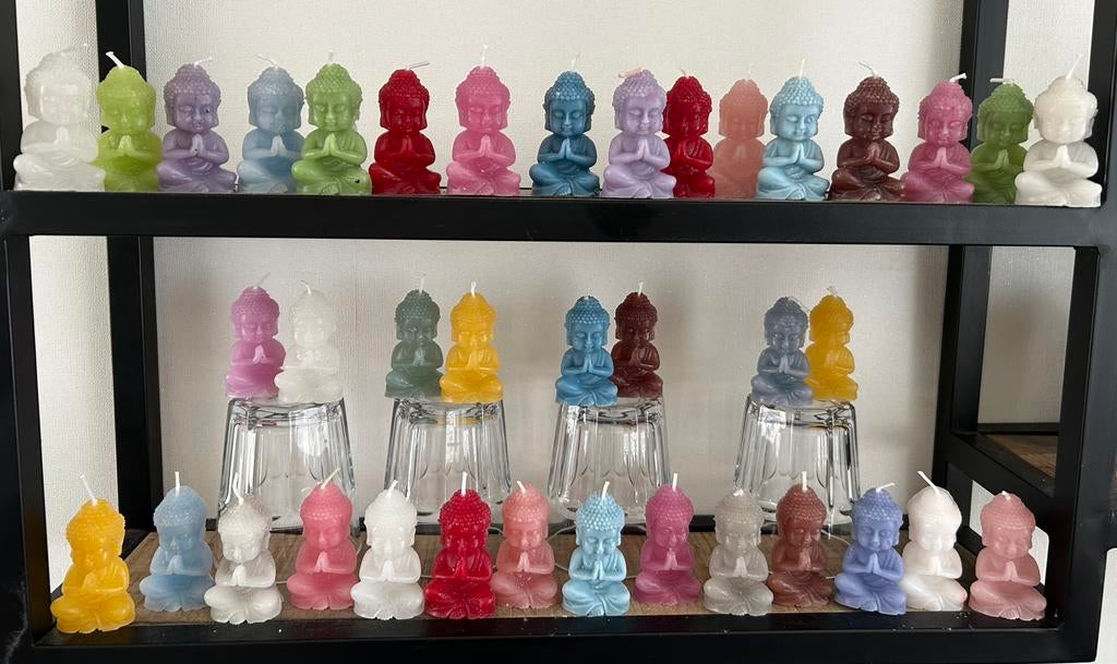 Vrolijke mini boeddha kaarsjes, Huis en Inrichting, Woonaccessoires | Kandelaars en Kaarsen, Verzenden, Overige materialen, Minder dan 25 cm
