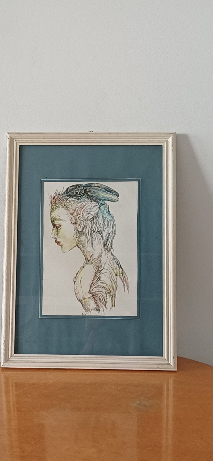 Ingelijste illustratie van een vrouw met kever, Ophalen of Verzenden