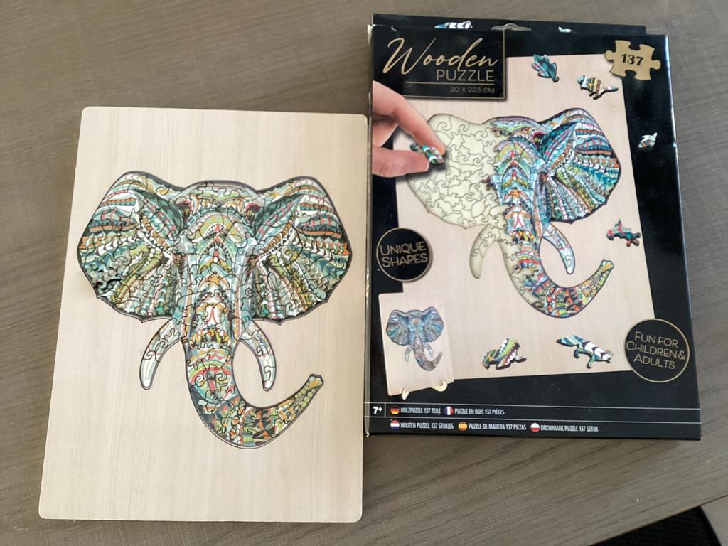 Houten Olifant Puzzel - Unieke Vormen, 137 Stukjes, Hobby en Vrije tijd, Denksport en Puzzels, Zo goed als nieuw, Legpuzzel, Minder dan 500 stukjes
